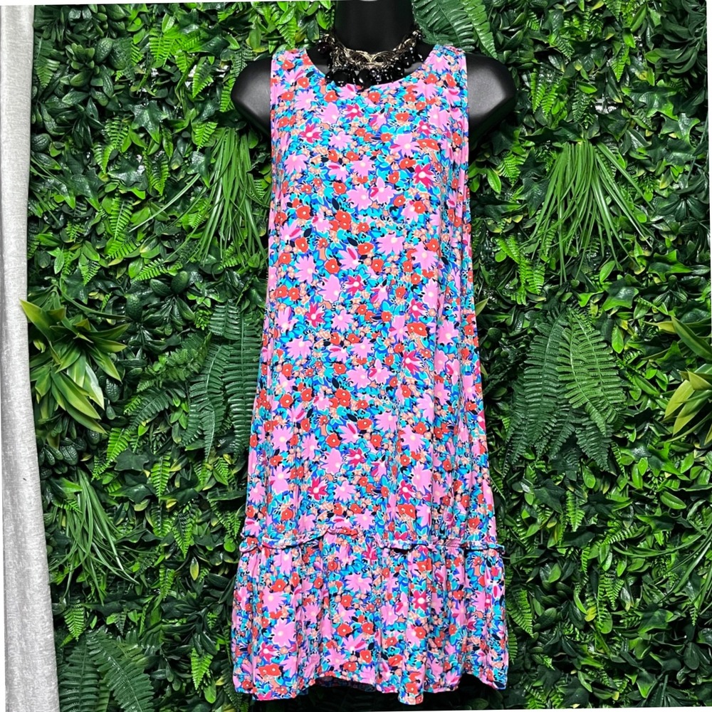 LOFT Dress Medium Petites  Pink Blue Floral Sleeveless‎ Ruffle Hem Casual 3080